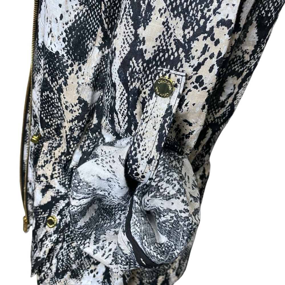 Calvin Klein Linen Lightweight Jacket Snake Animal Print Roll Tab Sleeve Sz L - Picture 10 of 12